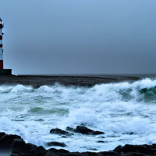 Prompt: stormy ocean at midnight, dark storm clouds overhead, lighthouse in the background concealed by fog, hurricane, dark midnight sky