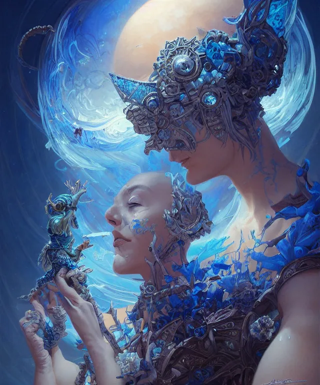 Image similar to beautiful evil fantasy blue crystal flower portrait, ultra realistic, sunset, wide angle, intricate details, the fifth element artifacts, highly detailed by peter mohrbacher, hajime sorayama, wayne barlowe, boris vallejo, aaron horkey, gaston bussiere, craig mullins