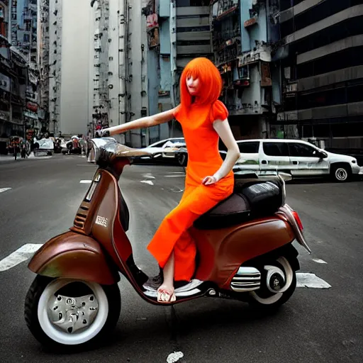 Image similar to the orange - haired vespa queen in hong kong, by stina persson and ruan jia