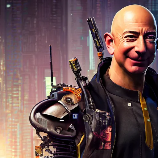 Image similar to front view, vicious, crazy laughing portrait of Jeff Bezos as a cyberpunk 2077 loading screen, symmetry, ominous, intricate, studio, art by anthony macbain + greg rutkowski + alphonse mucha, concept art, 4k, sharp focus