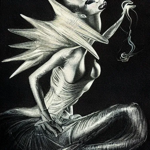 Prompt: a demon ballerina leaving a trail of smoke by h. r. giger