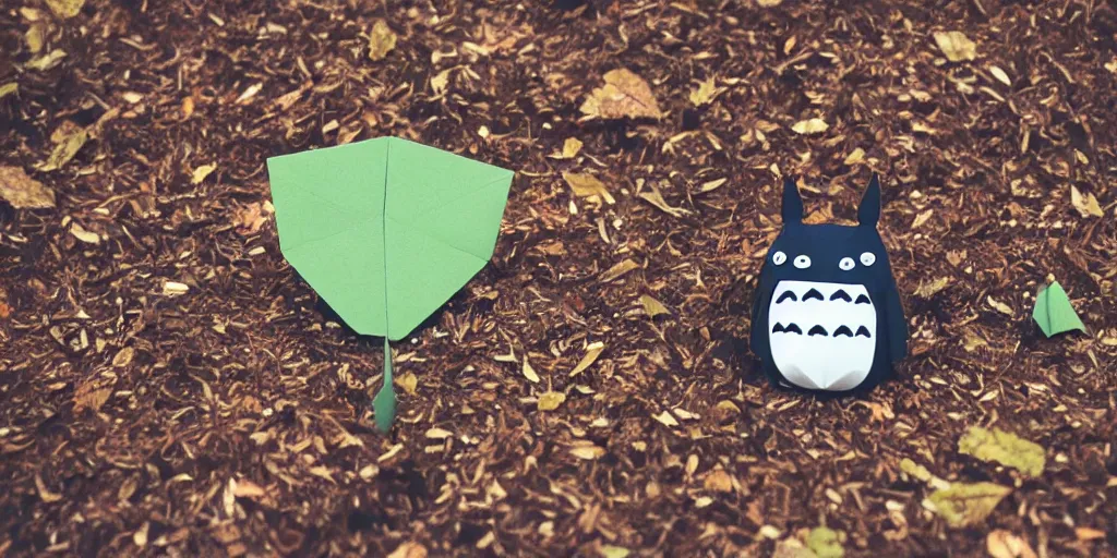 Prompt: totoro in film still with a full still life film still commercial extreme closeup photo of real - life intricate origami plant, eye contact, tilt shift zaha hadid real - life origami forests background, ghibli leaf hat insta filter, cinestill, 8 k