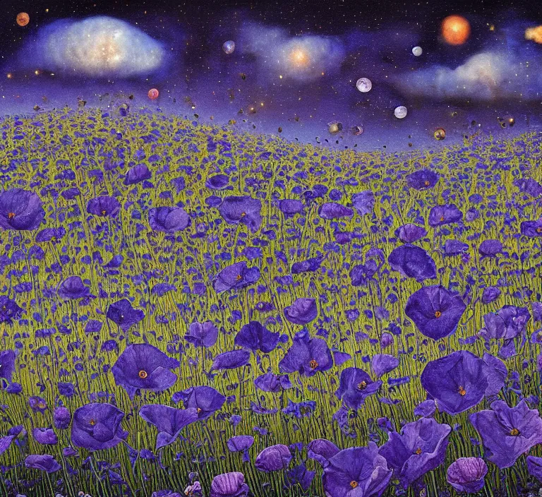 Image similar to detailed, intricate blue black and purple papaverum flower on the field, nebula, galaxy in the sky, winning award masterpiece, fantastically beautiful, illustration, aestheticly inspired, jacek yerka, upscale with anguissola sofonisba work, artstation, 8 k