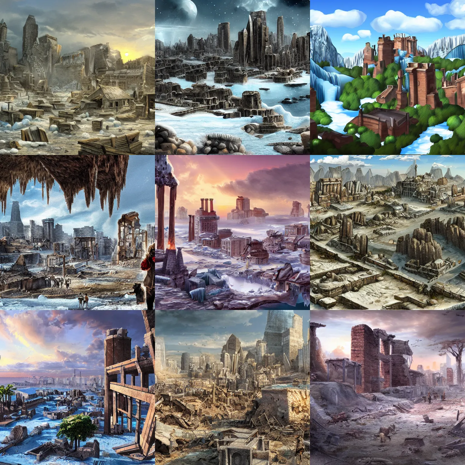 Prompt: A highly developed ruined city in the Ice Age, high quality digital photorealistic art