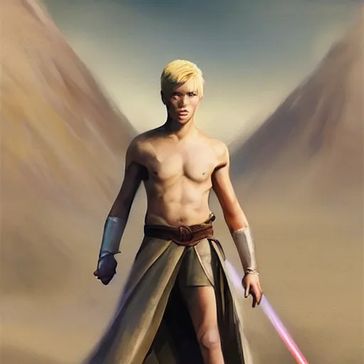 Image similar to a young blonde male jedi with short hair looking away at a threat full body shot concept art by Doug Chiang cinematic concept art, realistic painting, high definition, digital art, matte painting, symmetrical, very detailed, realistic, dramatic lighting, cinematic, establishing shot, extremely high detail, photo realistic, cinematic lighting, post processed, concept art, artstation, matte painting, red color scheme