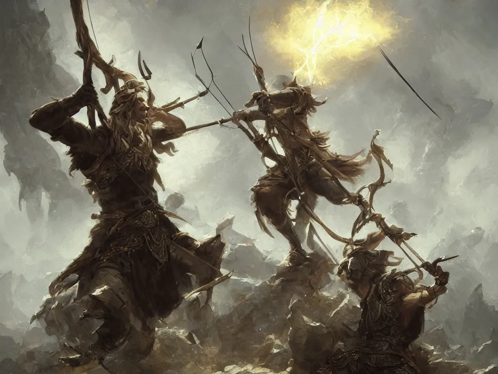 Image similar to a huntsman using a bow and arrow made out of lightning in the baroque era, hearthstone art style, epic fantasy style art by Craig Mullins, fantasy epic digital art, epic fantasy card game art by Greg Rutkowski