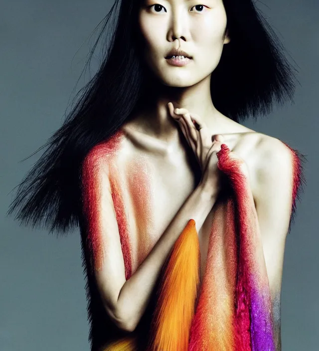 Image similar to photography facial portrait of liu wen, natural background, natural pose, wearing stunning cape by iris van herpen, with a colorfull makeup. highly detailed, skin grain detail, photography by paolo roversi, nick knight, helmut newton, avedon, araki