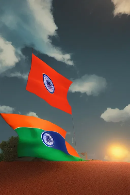 Image similar to indian flag, 3 d, volumetric, clouds, octane, 3 d render, 3 ds max + vray, art by beeple, india, cinematic