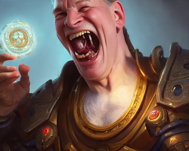 Image similar to david lister laughing at arnold rimmer, deep focus, d & d, fantasy, intricate, elegant, highly detailed, digital painting, artstation, concept art, matte, sharp focus, illustration, hearthstone, art by artgerm and greg rutkowski and alphonse mucha