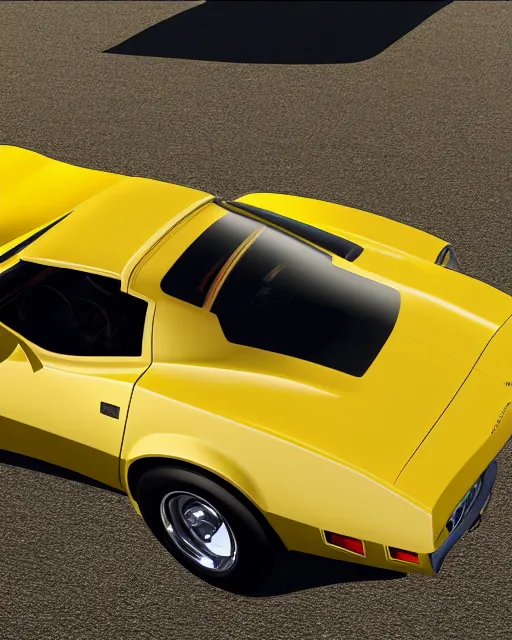 Image similar to photorealistic art of a yellow 1979 stingray corvette, dynamic lighting, space atmosphere, hyperrealism, stunning visuals