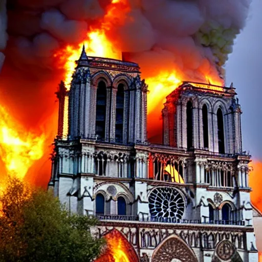 Prompt: the cathedral of notre dame de paris overflown by fire-breathing dragons