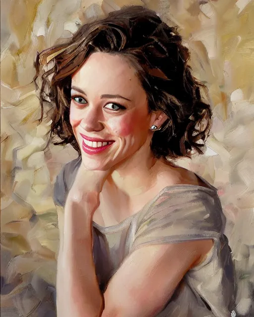 Prompt: a portrait painting of rachel mcadams / tatiana maslany / perdita weeks / alison brie hybrid oil painting, gentle expression, smiling, elegant clothing, scenic background, by michael garmash
