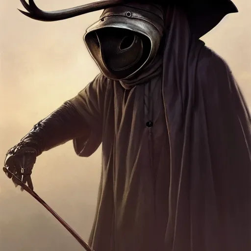 Image similar to a plague doctor hunting with a bow, with antlers on his head, deep focus, intricate, elegant, highly detailed, digital painting, artstation, concept art, matte, sharp focus, illustration, art by artgerm and greg rutkowski and alphonse mucha