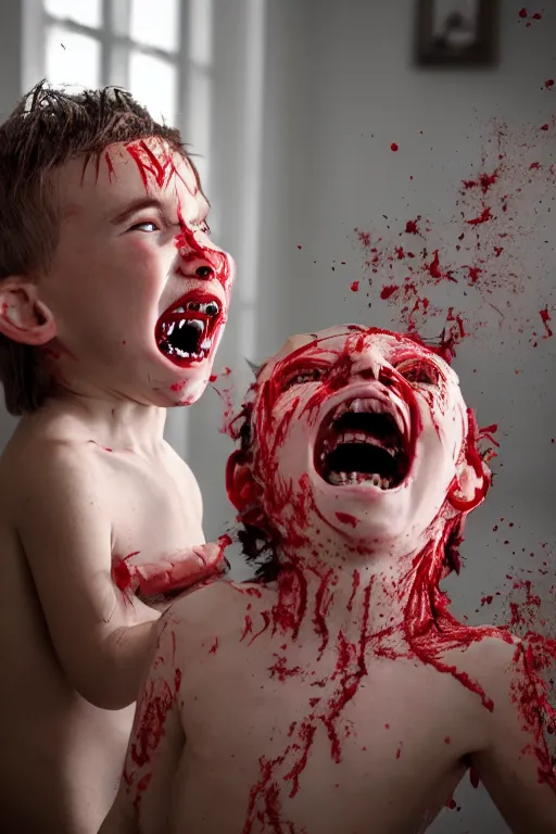 Prompt: A child full of teeth sprouting randomly all over his body except in his rotting mouth, within a room with 3 red windows