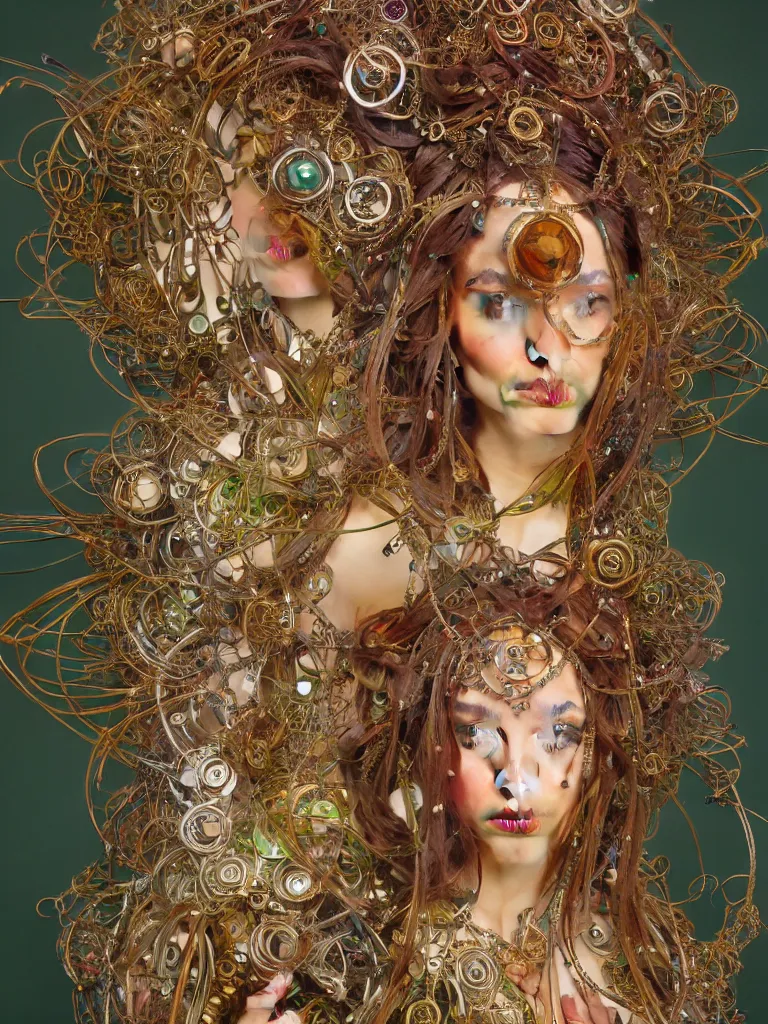 Image similar to a centered beautiful tribal goddesses is surrounded by intertwining bio - mech tendrils made of machine and robot parts and gemstones and leaves and feathers, full body, gorgeous face, perfect face, powerful, by alphonse mucha and justin gerard and james jean, 3 d, cinema 4 d render, trending on artstation, octane render, 8 k