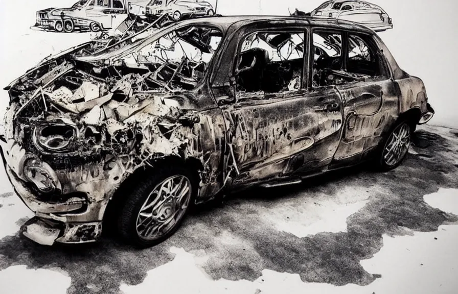 Prompt: demolished car, tattoo art