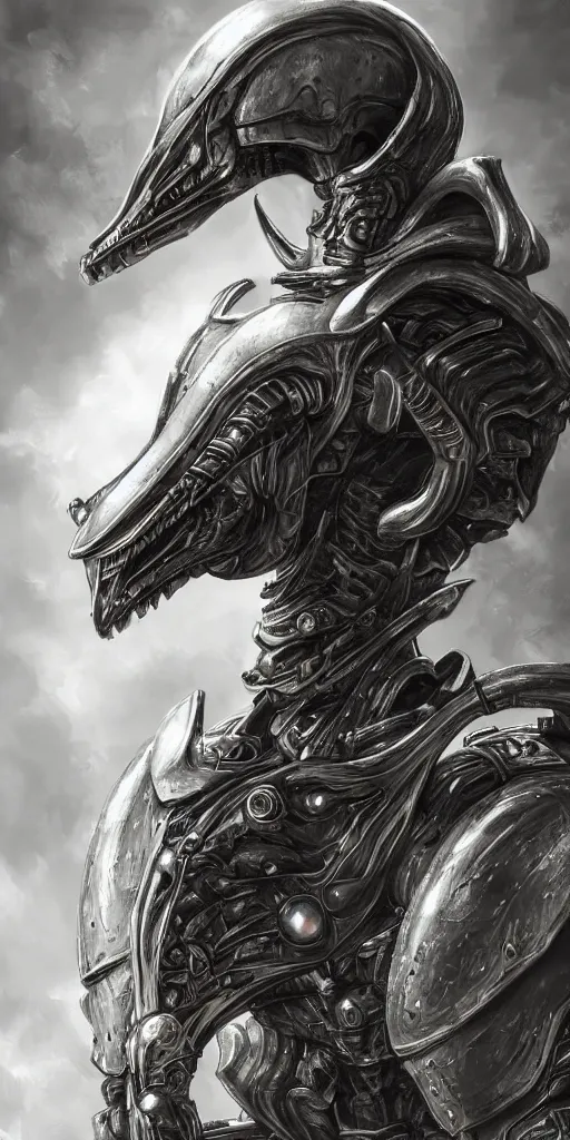 Prompt: a photo realistic portrait of an alien creature with highly detailed features wearing metal armor, dramatic rim lighting, concept art