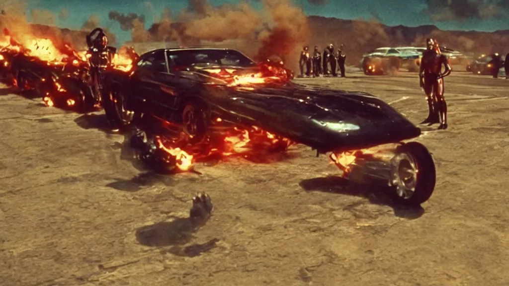 Image similar to film still from the movie death race 3 0 0 0, the sequel to the movie death race 2 0 0 0, cult cinema, pulp cinema, vintage, nineteen seventies, saturated color, cinematic lighting, cinematic composition