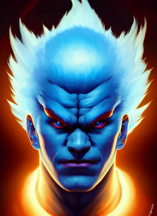 Image similar to symmetry!! portrait of blue akuma, street fighter, global illumination!! intricate, elegant, highly detailed, digital painting, artstation, concept art, smooth, sharp focus, illustration, art by artgerm and greg rutkowski and alphonse mucha