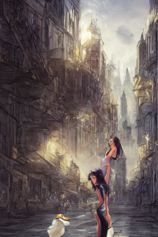 Prompt: concept art, a pretty duck girl, cities, godrays, wide views, on the street