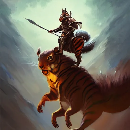 Prompt: Squirrel knight riding tiger, magic the gathering artwork, D&D, fantasy, cinematic lighting, centered, symmetrical, highly detailed, digital painting, artstation, concept art, smooth, sharp focus, illustration, volumetric lighting, epic Composition, 8k, art by Akihiko Yoshida and Greg Rutkowski and Craig Mullins, oil painting, cgsociety