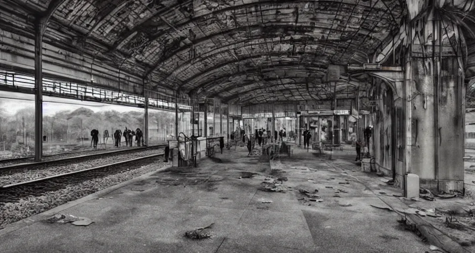 Prompt: (((a post-apocalyptic train station))) by Tokyo Genso!!!!!!!