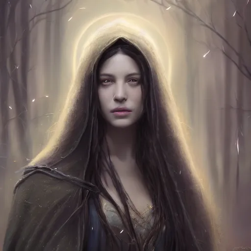 Image similar to Masterpiece! portrait of Arwen, an aesthetic beautiful! realistic black haired priestess, 30 years old woman, looks like young Liv Tyler, lotr , praying, with tears, soft cinematic light, digital painting by WLOP, atmospheric effects, fireflies, 8K, octane render, artstation, deviantart, closer view, dark purple blue tones