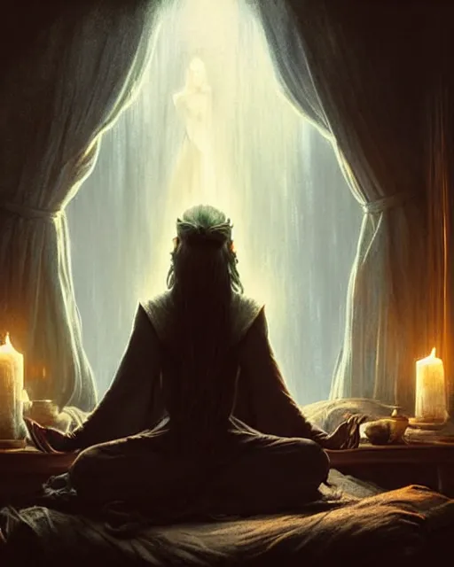 a female elvish wizard in a dark room, meditating, | Stable Diffusion ...