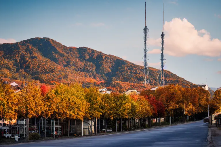 Image similar to warehouses lining a street, with an autumn mountain directly behind it. radio tower on the mountain, lens compression. photography