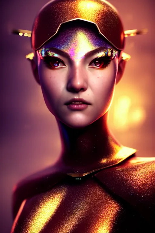 Image similar to hyperdetailed portrait of a stunningly beautiful movie thirty years old star androgynous woman guard made of iridescent metals, shiny gems, inspired by ross tran and wlop and masamune shirow and kuvshinov, concept art, intricate, photorealistic, octane render, rtx, hdr, unreal engine, dnd digital art by artgerm