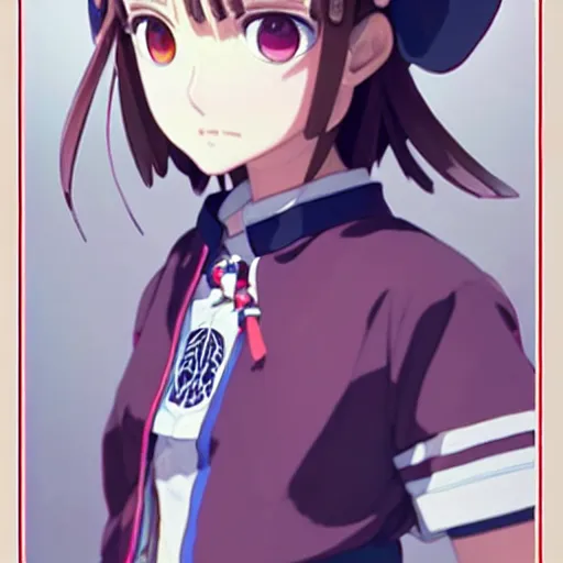 Image similar to a beautiful! boyish! natalie portman model, wearing japanese catholic school girl outfit with mayan pattern and native style, aztec street fashion, guilty gear art direction, perfect anime face, gapmoe yandere grimdark, trending on pixiv fanbox, painted by greg rutkowski makoto shinkai takashi takeuchi studio ghibli, akihiko yoshida