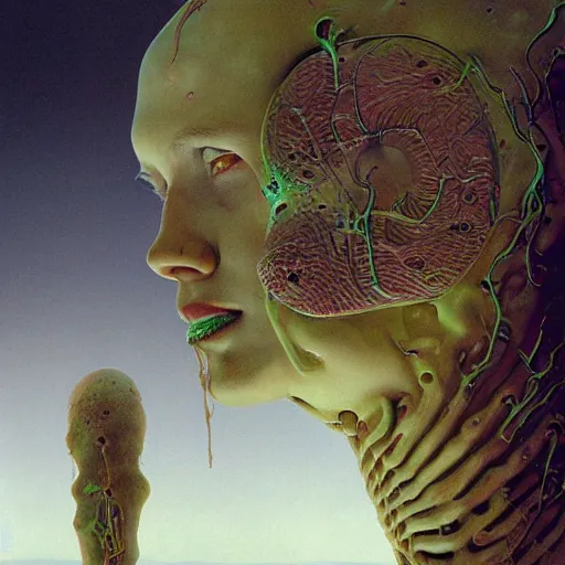 Image similar to portrait of girl melting with machine by wayne barlowe and zdislaw beksinski