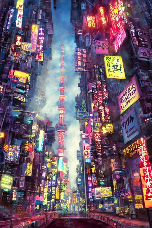 Image similar to neon tokyo, adorned pillars, towers, landscape, alex ross, neal Adams, david finch, concept art, matte painting, highly detailed, rule of thirds, dynamic lighting, cinematic, detailed, denoised, centerd