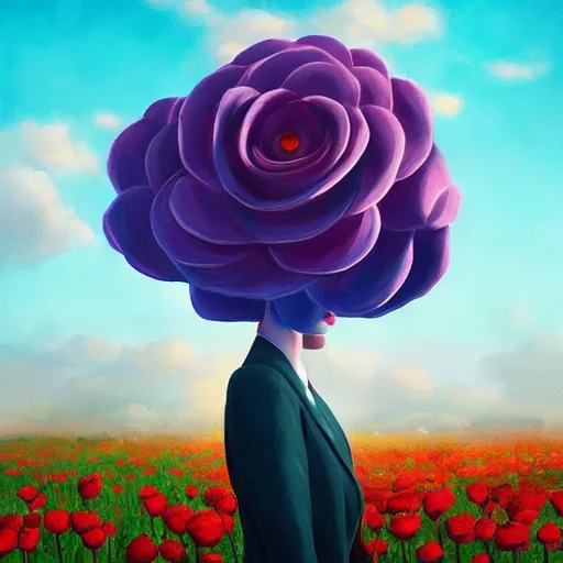 Image similar to portrait, giant rose flower head, girl in a suit, surreal photography, sunrise, blue sky, dramatic light, impressionist painting, digital painting, artstation, simon stalenhag