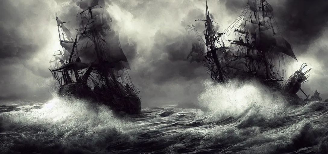 Image similar to wild ocean storm, old wooden pirate ship gets pulled down by giant kraken, appearing from fog, mist, dramatic lighting, cinematic, establishing shot, extremly high detail, foto realistic, pirates of the carribean, cinematic lighting, post processed, concept art, artstation, matte painting, style by eddie mendoza, raphael lacoste, alex ross