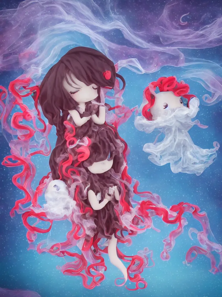 Prompt: cute fumo plush chibi gothic translucent octopus maiden princess girl washing her hair in the waves of the wavering dark galactic abyss, long black and red ruffled intricate dress with ribbons, ocean wave thunderstorm and reflective splashing water, wisps of smoke and haze and volumetric fog, ocean simulation, vignette, vray