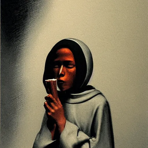 Image similar to a young black nun smoking and puffing lots of smoke, minimalistic background, by Beksinski