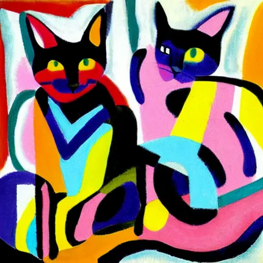 Prompt: abstract expressionist painting of two intertwined cats in the style of Sonia Delaunay muted colors