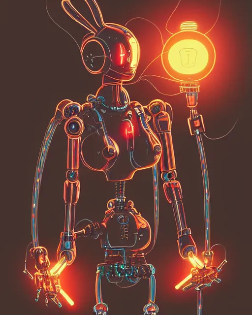 Prompt: robotic bunny woman with mechanical cables and wiring, electrical sparks, cyberpunk futuretech art, by WLOP and dan mumford