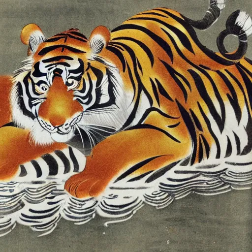 Prompt: a mighty tiger on a wood splashing water, Chinese Art