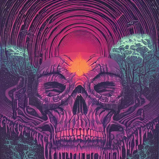 Prompt: ngc 3132 falling waterfall mysterious skull landscape by Casey Weldon, dan mumford 8k ultra high definition, upscaled, edge of the world, image credit nasa nat geo