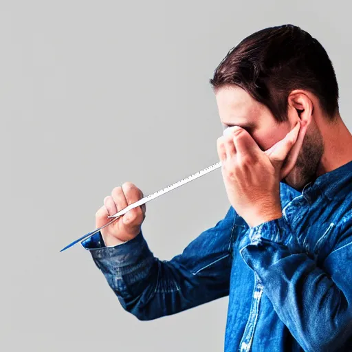 Prompt: visibly sad crying man pinching a ruler, high resolution photo, measuring stick