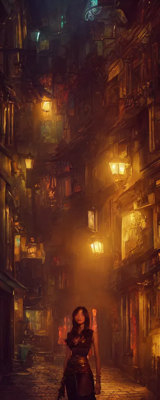 Prompt: portrait of tavern bard gemma chan infront of tiny, narrow dark streets with exotic dancers, exterior, two stories, vaporwave aesthetics, 8 k uhd, unreal engine, octane render in the artstyle of finnian macmanus, john park and greg rutkowski