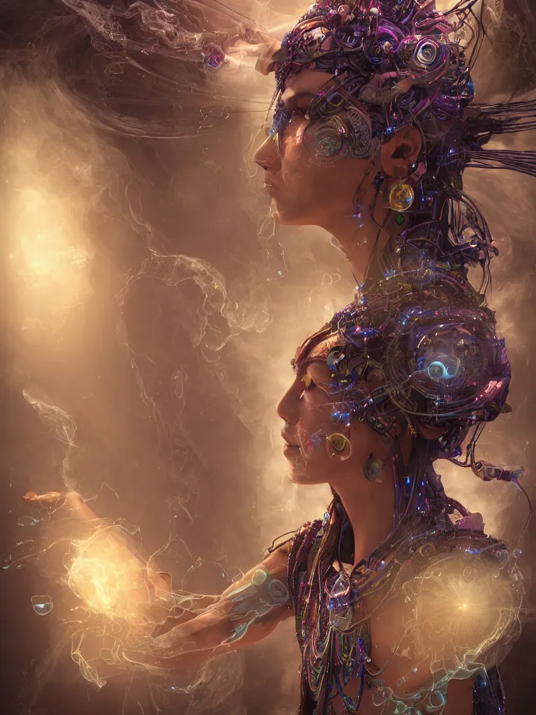 Prompt: an ancient mystical alluring female shaman generating flowing energy and surrounded by wisps of incense smoke sits meditating in a magical cybernetic robot temple, face face face, by ross tran and roberto ferri, 3 d, cinema 4 d render, trending on artstation