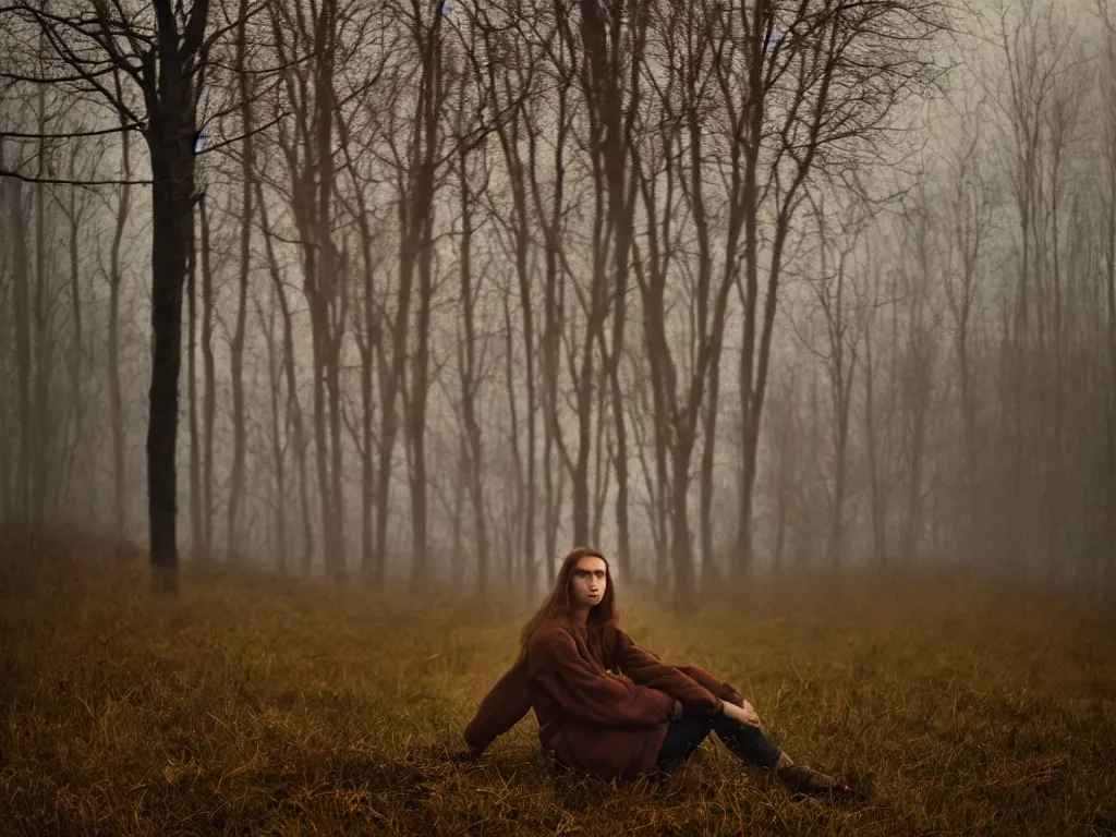 Image similar to medium shot portrait bust of young woman sitting on fence, tired expression, faded color film, russian cinema, tarkovsky, technicolor, heavy forest, wood cabin in distance, shallow depth of field, long brown hair, old clothing, heavy fog, brown color palette, sunset, low light, hudson river school, 4 k, dramatic lighting