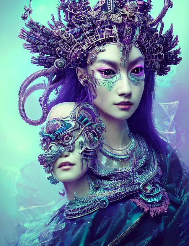 Prompt: 3 d goddess close - up profile portrait with crown, ram skull. beautiful intricately detailed cyberpunk japanese crow kitsune mask and clasical japanese kimono. betta fish, jellyfish phoenix, bio - luminescent, plasma, ice, water, wind, creature, artwork by tooth wu and wlop and beeple and greg rutkowski