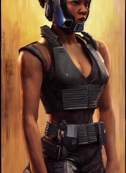 Image similar to black chun li. space buns. cyberpunk police trooper in a military vest ( blade runner 2 0 4 9, cyberpunk 2 0 7 7 ). orientalist portrait by john william waterhouse and james gurney and theodore ralli and nasreddine dinet, oil on canvas. cinematic, hyper realism, realistic proportions, dramatic lighting, high detail 4 k