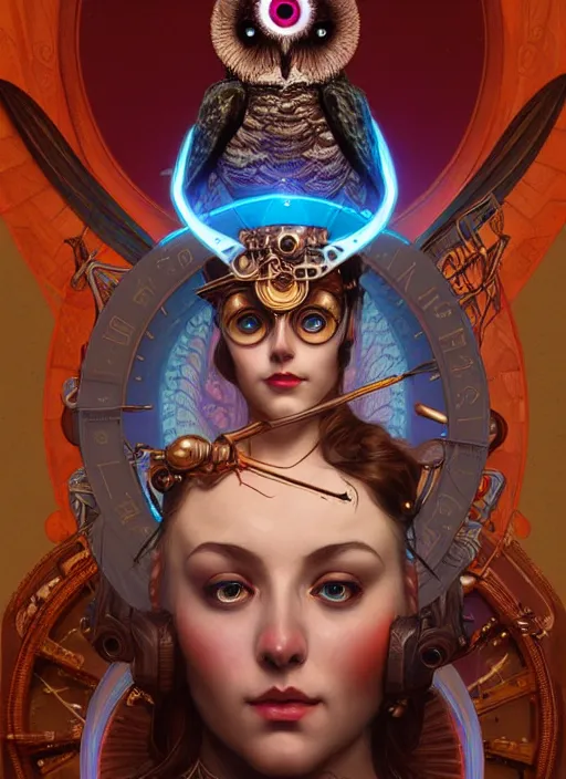 Image similar to the goddess artemis smirking, mechanical owl perched on shoulder, steampunk, glowing eyes, volumetric lights, red and cyan theme, art nouveau botanicals, intricate, highly detailed, digital painting, artstation, concept art, smooth, sharp focus, cinematic, illustration, beautiful face, art by artgerm and greg rutkowski and alphonse mucha