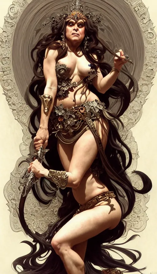 Image similar to danny devito as the roman goddess of chaos!! intricate elegant, highly detailed, digital painting, artstation, concept art, smooth, sharp focus, illustration, art by ( ( ( artgerm ) ) ) and greg rutkowski! and ( ( alphonse mucha ) ), heavily influenced by frank frazetta and boris vallejo, sword and sorcery