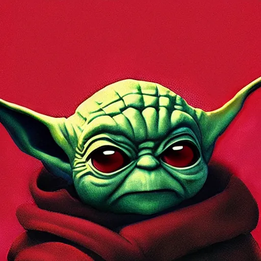 Prompt: portrait of hooded evil baby yoda as a sith, red power, dark background by ross tran, dark side, imperial march, artwork by ralph mcquarrie + cory loftis + paul lehr